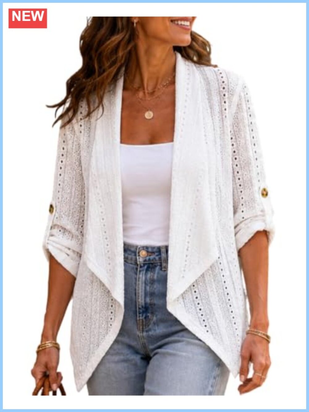 CHICME Womens Lightweight Cardigan Roll Tab Sleeve Open Front